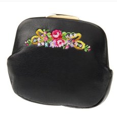 画像1: エトワール海渡　夢詩集　　リボンフラワー　鏡付き押し口ポーチ　【1月上旬入荷予定】《ブラックのみ、約12×14×3cm、牛革》 (1)